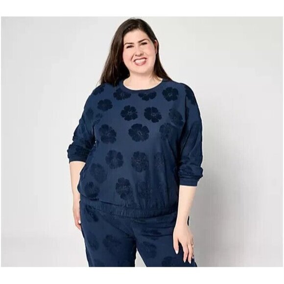 AnyBody Lounge Crew Neck Hibiscus Jacquard French Terry Top Navy Large A648901 - Picture 1 of 1